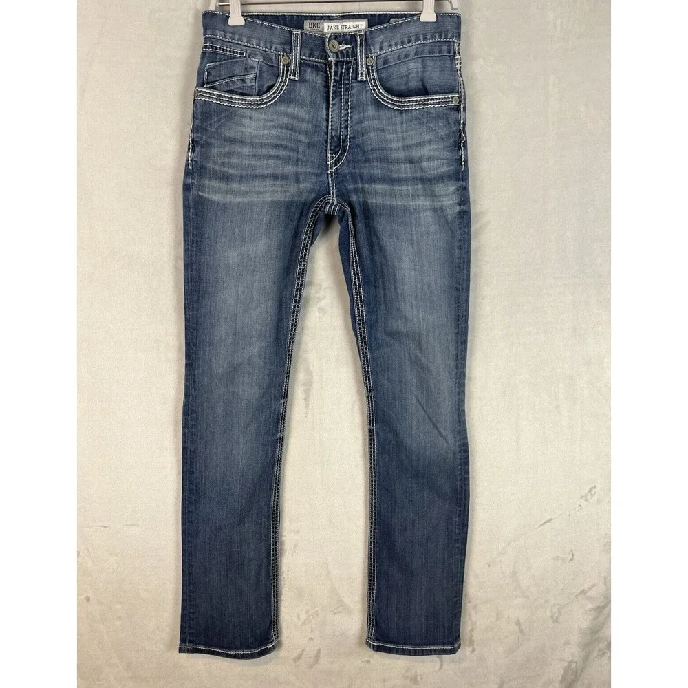 BKE Buckle Jake Jean Men 30L Blue Wash Straight Stretch Whisker Rodeo Cowboy